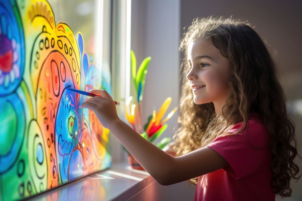 Girl using marker to paint rainbow on the window painting brush art.