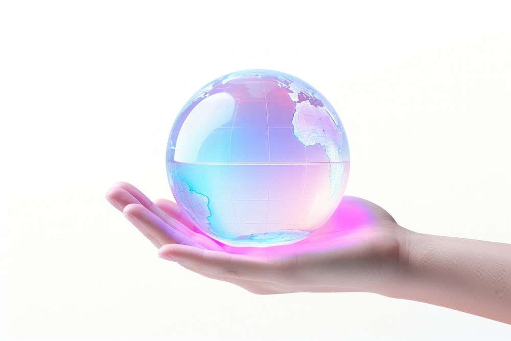 Hand cupping globe sphere planet white background.