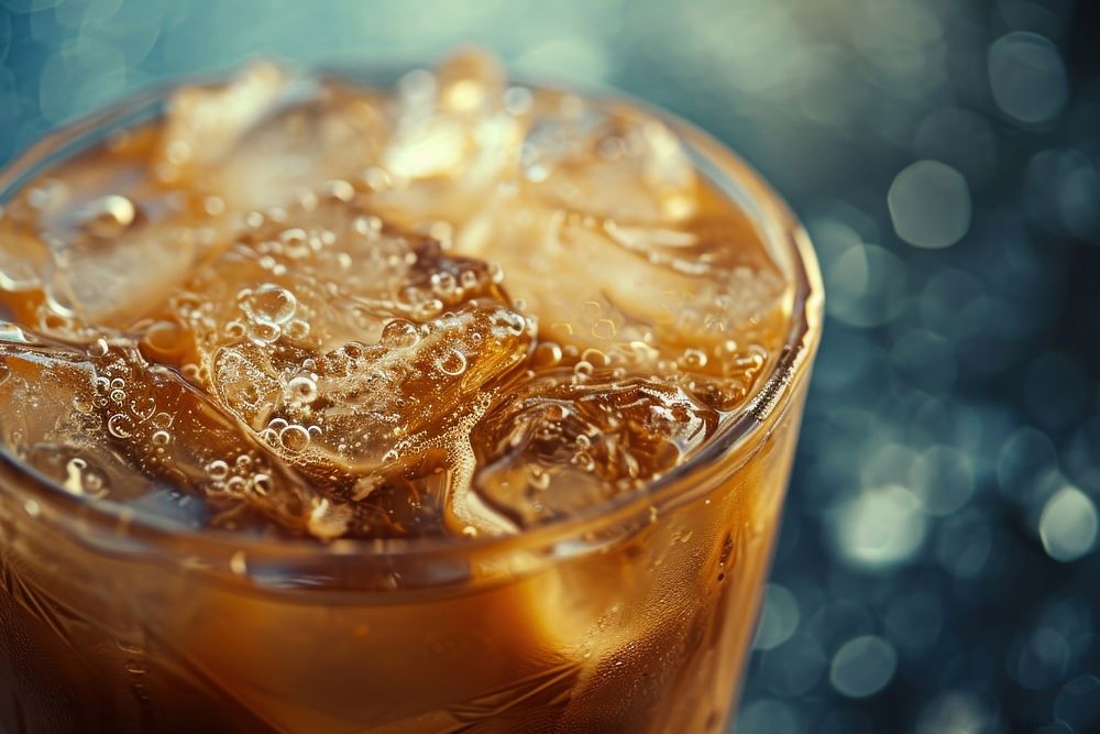 Ice coffee drink soda macro photography.