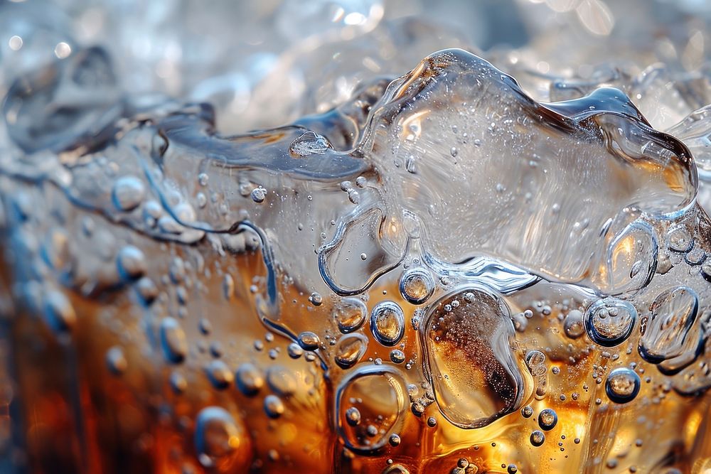 Ice cola drink glass macro photography.