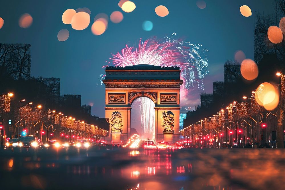 Fireworks architecture outdoors landmark. AI generated Image by rawpixel.