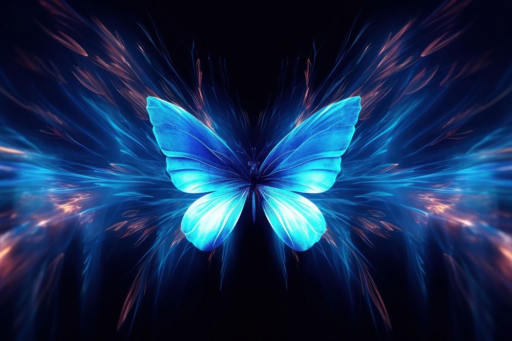 Butterfly glowing blue neon abstract pattern illuminated.