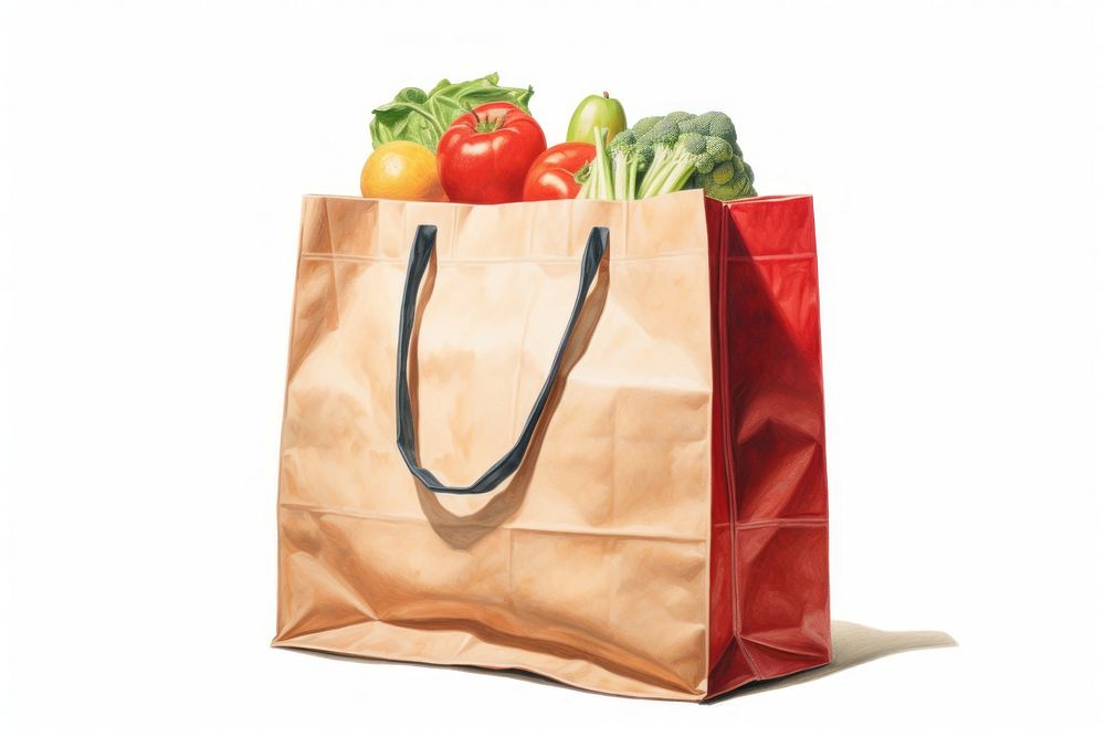Paper grocery shopping bag handbag white background consumerism.