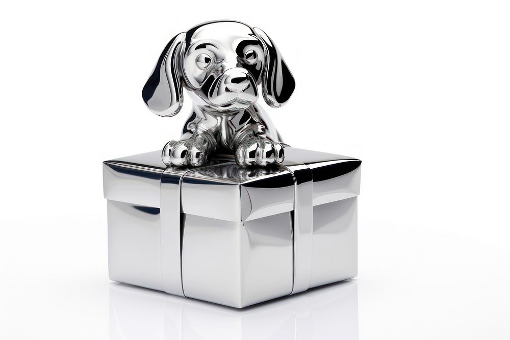 Dog in gift box Chrome material silver mammal pet.