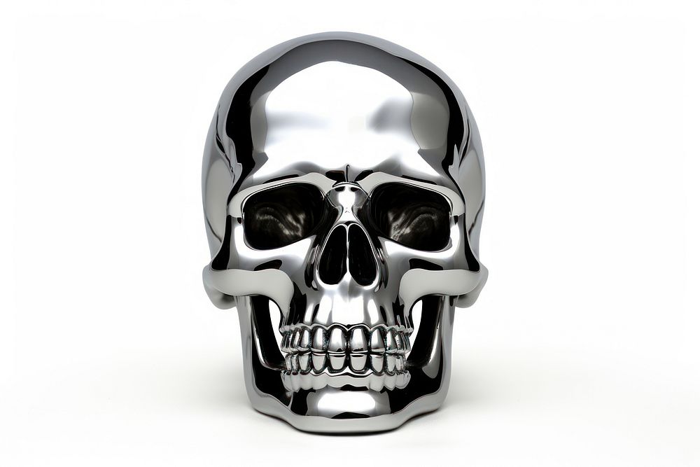 Fired skull Chrome material silver shiny white background.