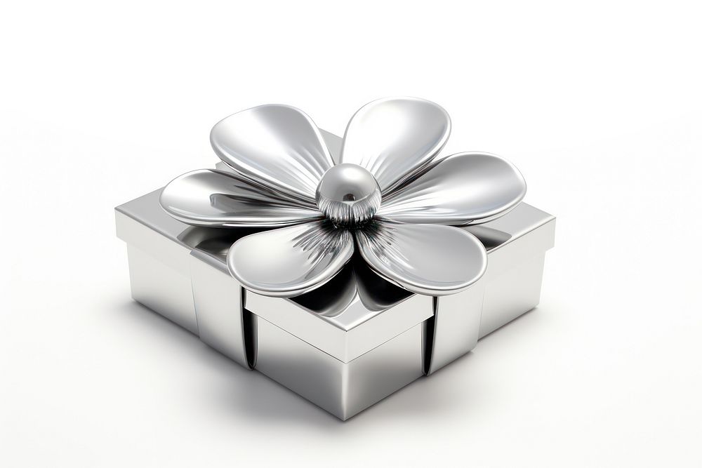 Flower in giftbox Chrome material silver shiny white.