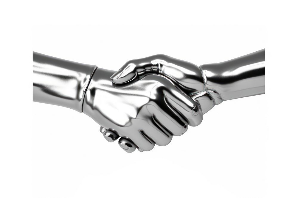 Hand shake in Chrome material silver white background monochrome.