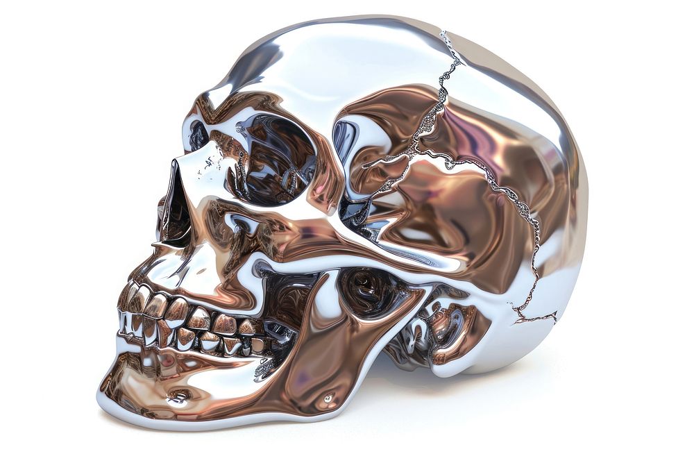 Rose in skull mouth Chrome material silver shiny white background.