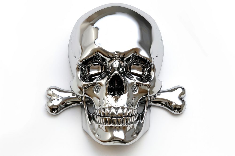 Skull with cross bone Chrome material silver white background representation.