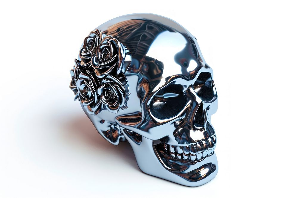 Skull with roses Chrome material silver shiny white background.