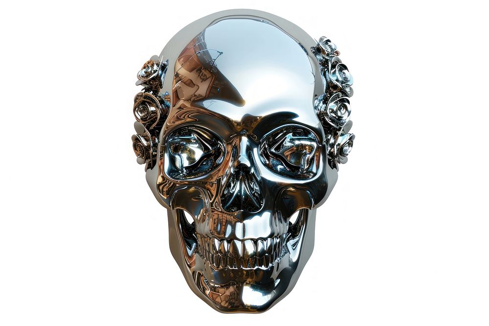 Skull with roses Chrome material silver mask white background.