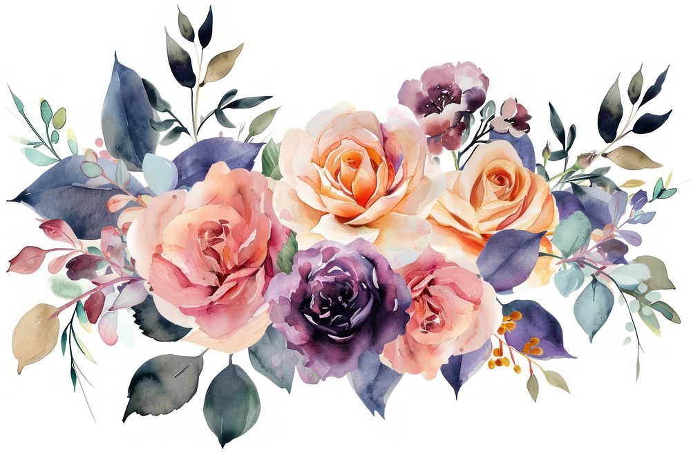 Watercolor flowers rose painting pattern.