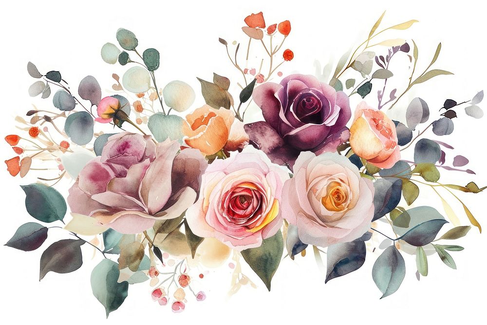 Watercolor flowers rose painting pattern.