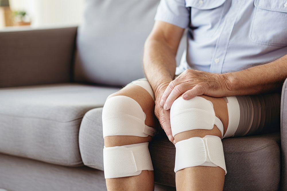 Man with a splint on knee pain midsection relaxation.