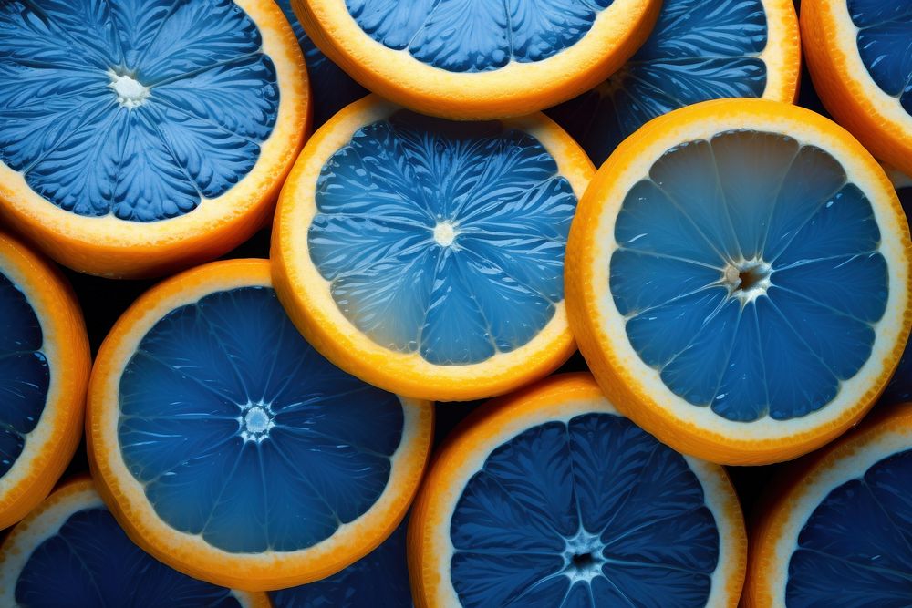Blue oranges slice grapefruit lemon plant.
