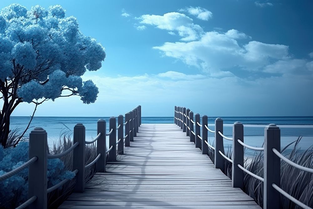 Blue sky and railing and path boardwalk outdoors horizon.