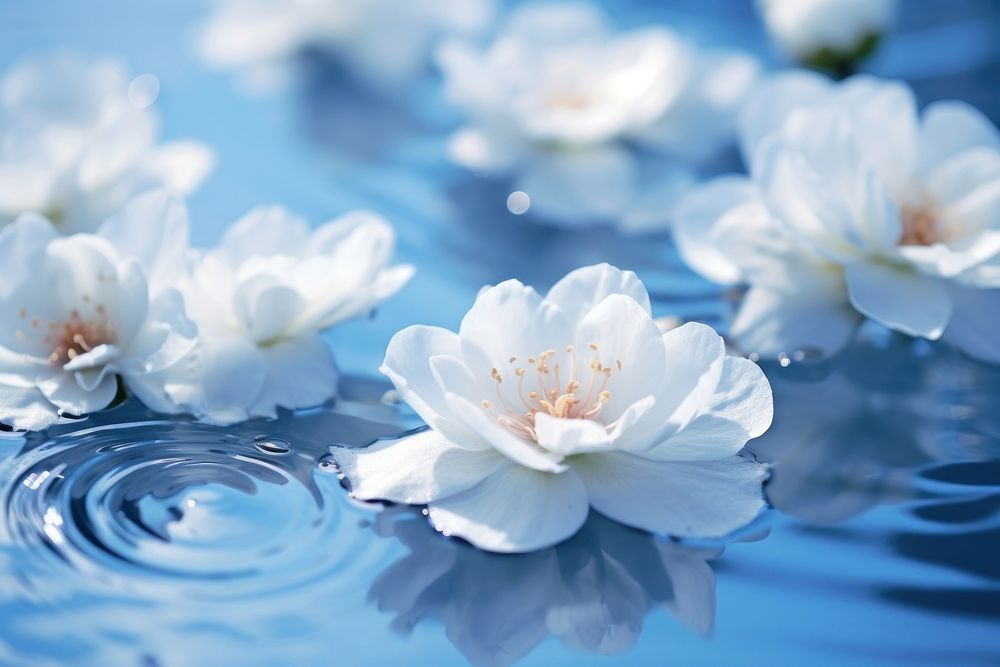 Flowers on pastel Blue water ripple outdoors blossom nature.