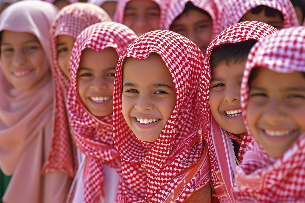 Group of elementary Saudi Arabian student smiling smile togetherness.