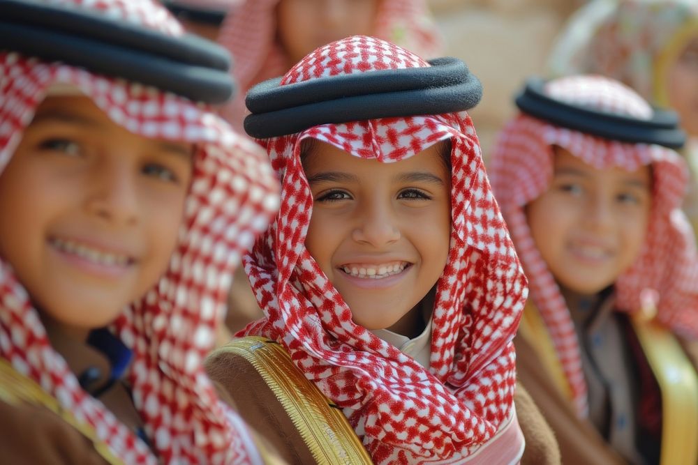 Group of elementary Saudi Arabian student smiling tribe togetherness.