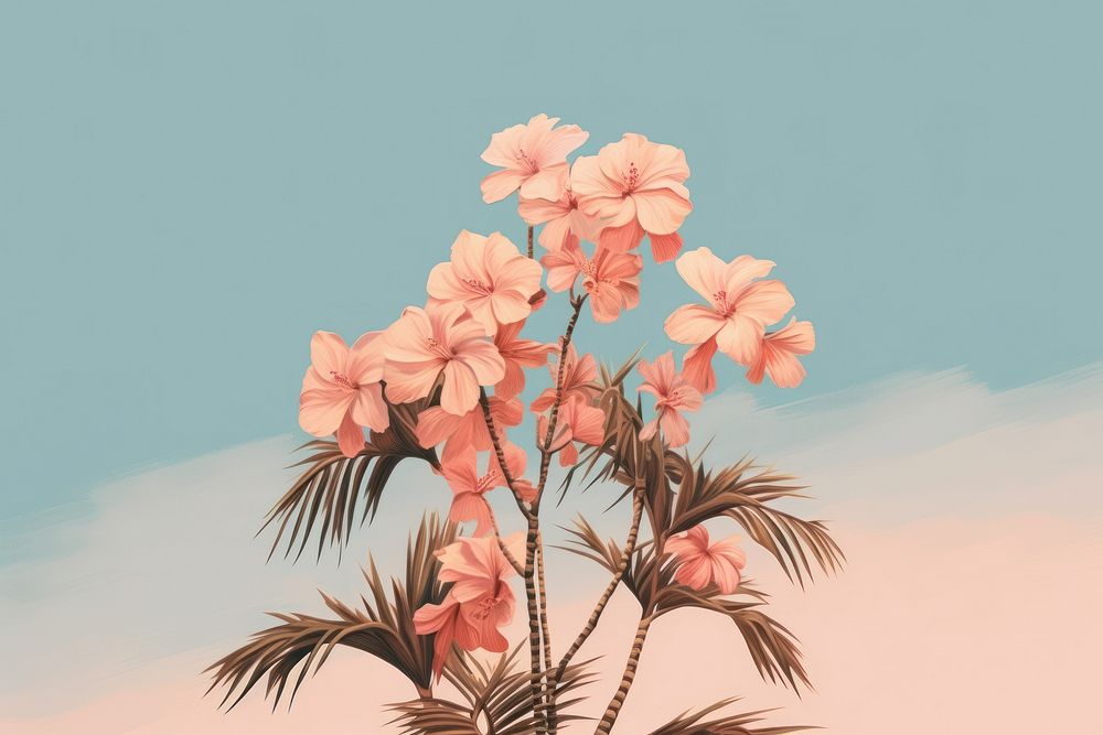  Palm tree with tropical flowers plant petal palm tree. AI generated Image by rawpixel.