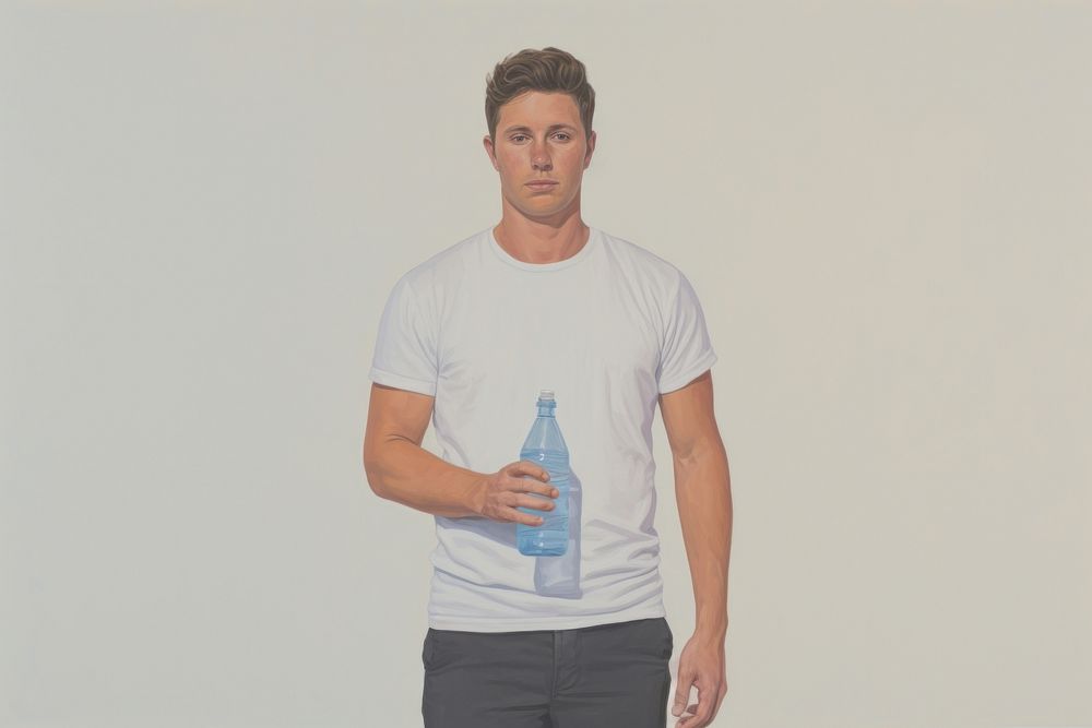 Person holding water bottle t-shirt painting sleeve.