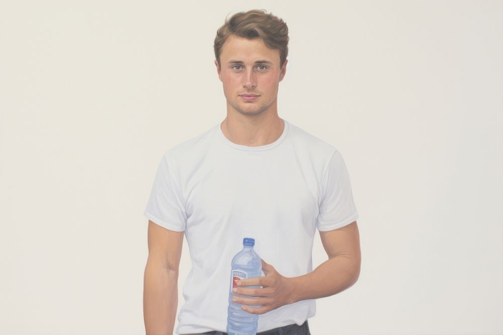 Person holding water bottle t-shirt sleeve adult.