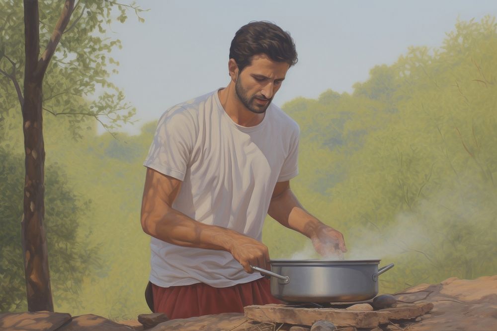 Indian guy painting cooking adult.