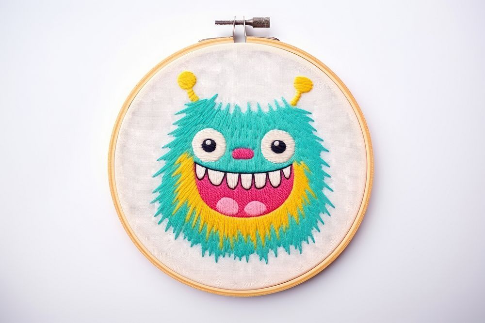 Cute monster in embroidery style textile pattern anthropomorphic.