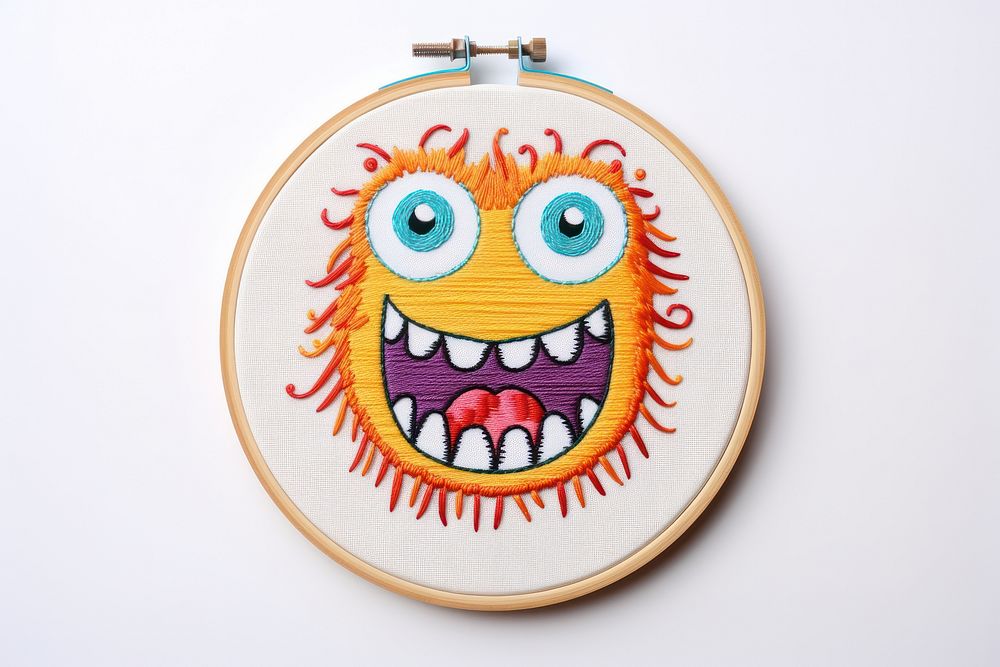 Cute monster in embroidery style pattern anthropomorphic representation.