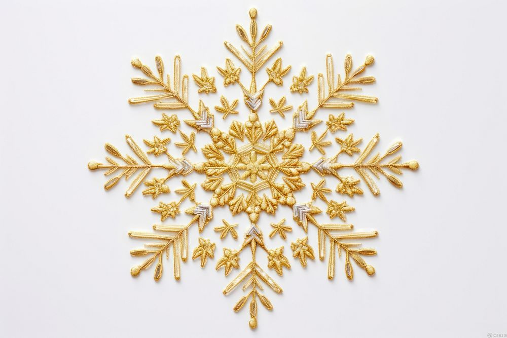 Golden snowflake in embroidery style pattern white celebration.