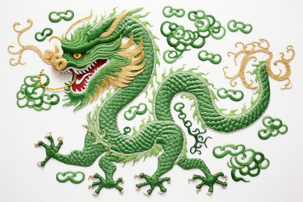 Green Chinese dragon in embroidery style pattern representation chinese dragon.