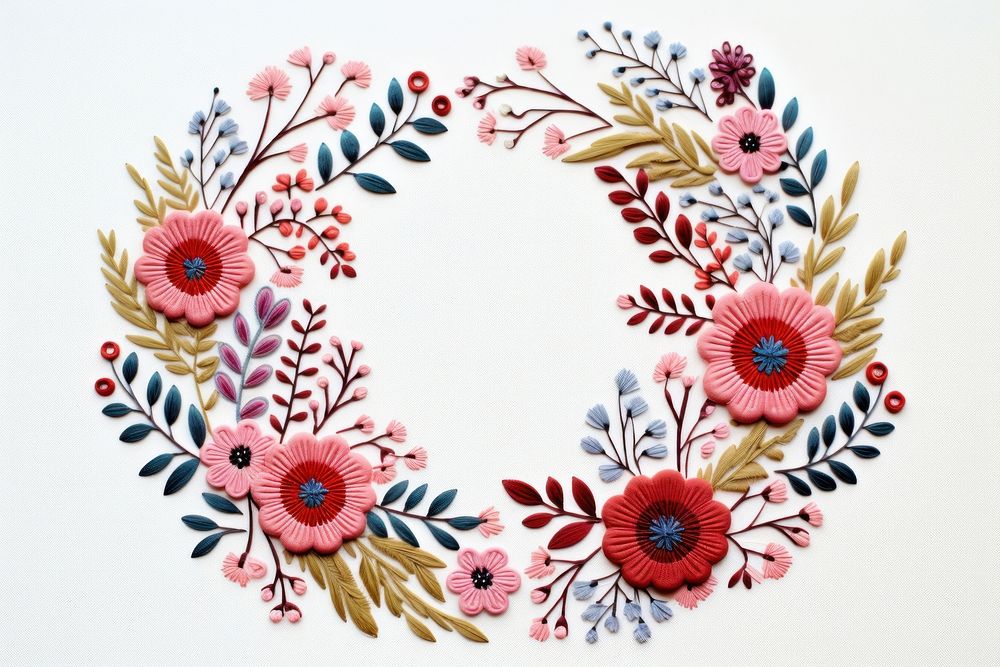 Floral wreath in embroidery style needlework textile pattern.