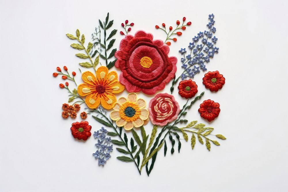 Flower bouquet in embroidery style needlework textile pattern.