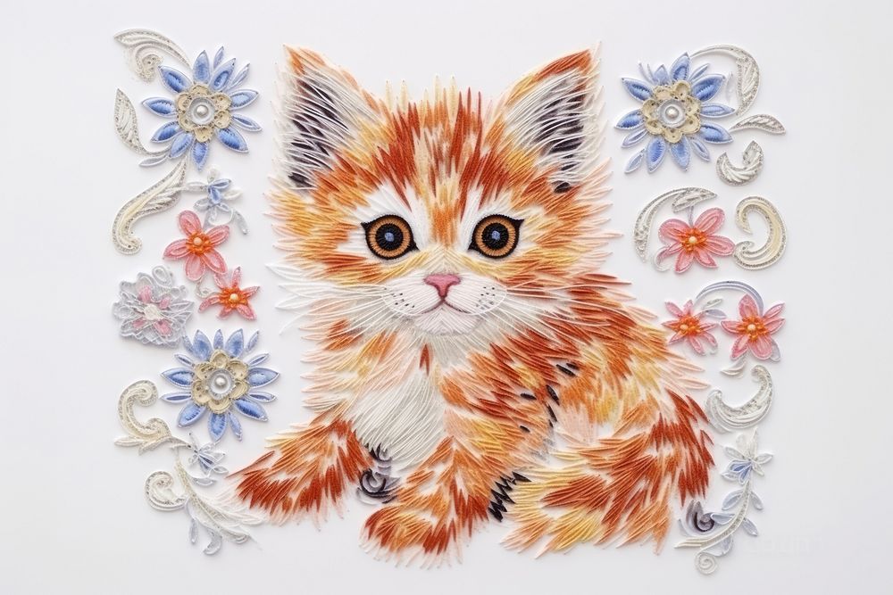 Kitten in embroidery style pattern animal mammal.