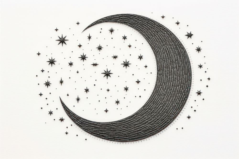 Moon in embroidery style astronomy night art.