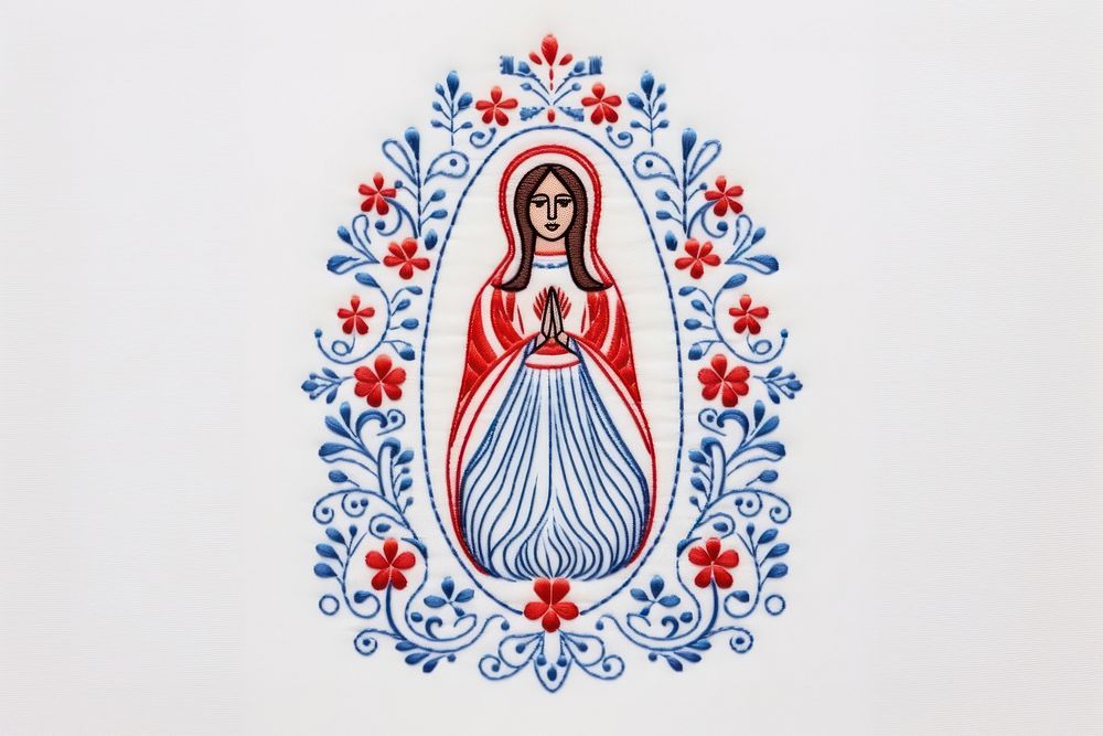 Mary in embroidery style pattern art representation.