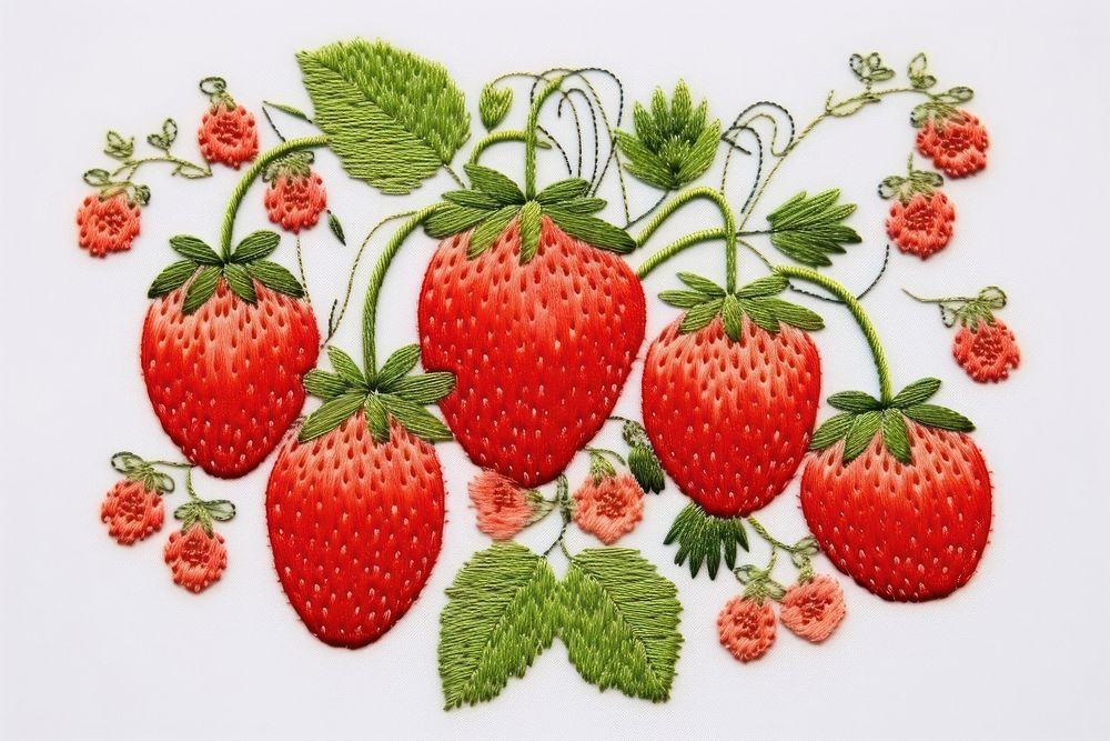 Strawberry in embroidery style pattern fruit plant.