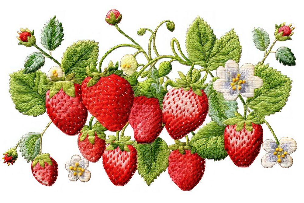 Strawberry in embroidery style pattern fruit plant.