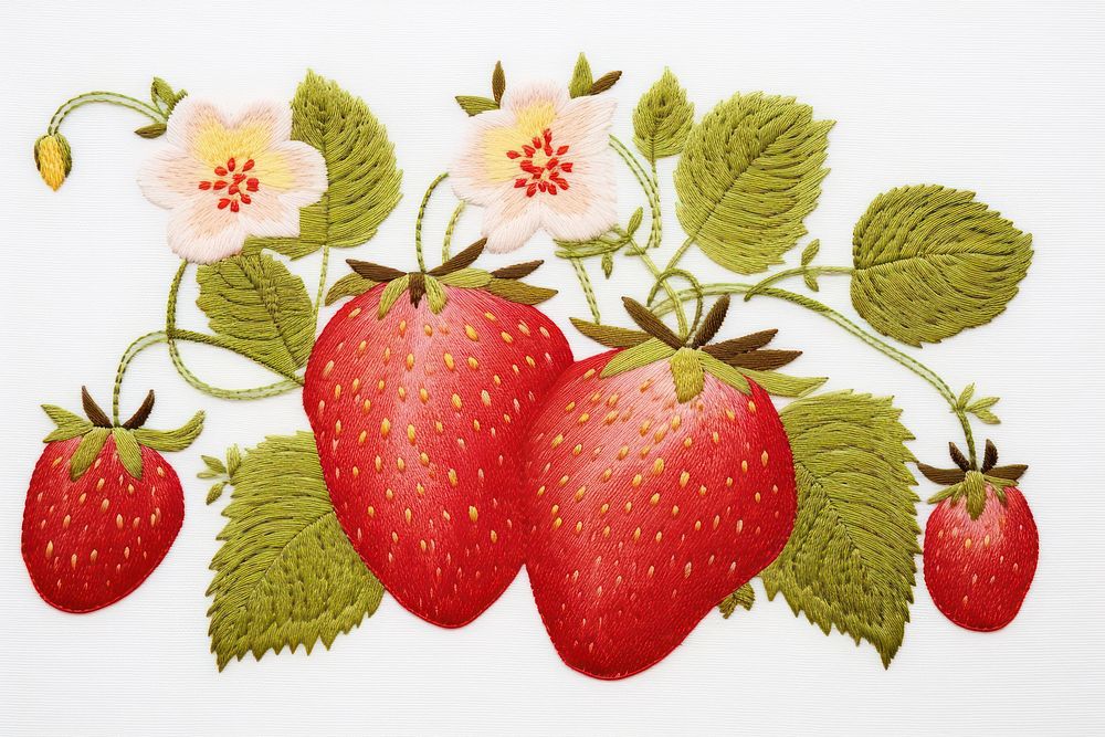 Strawberry in embroidery style pattern fruit plant.