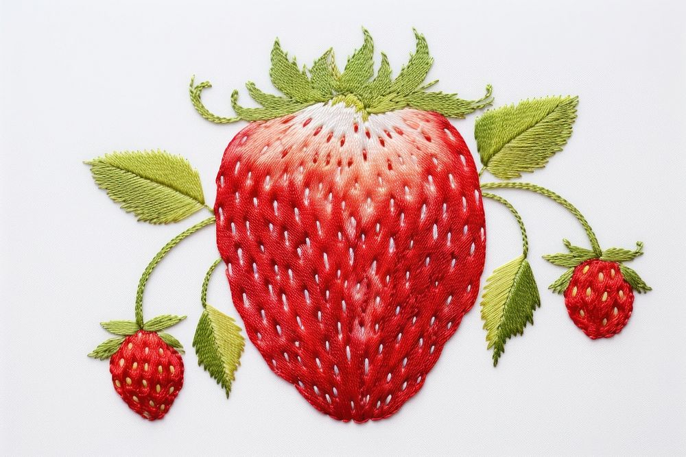 Strawberry in embroidery style textile fruit plant.