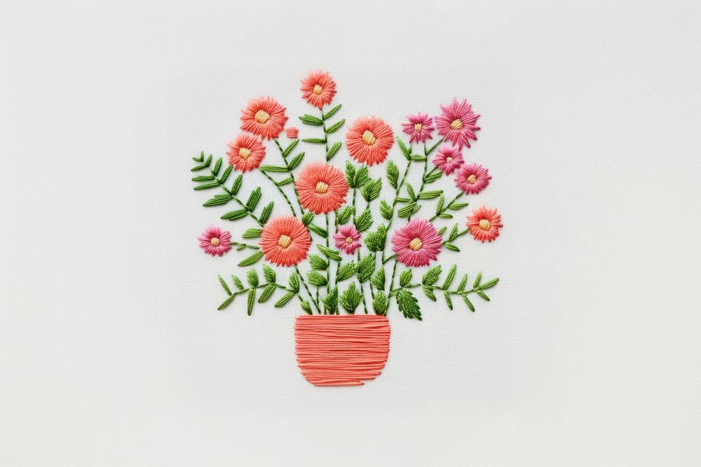 Potted plant in embroidery style needlework pattern art.