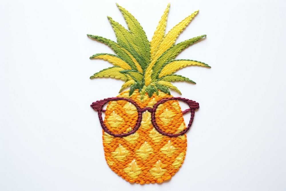 Pineapple with sunglasses in embroidery style textile fruit plant.