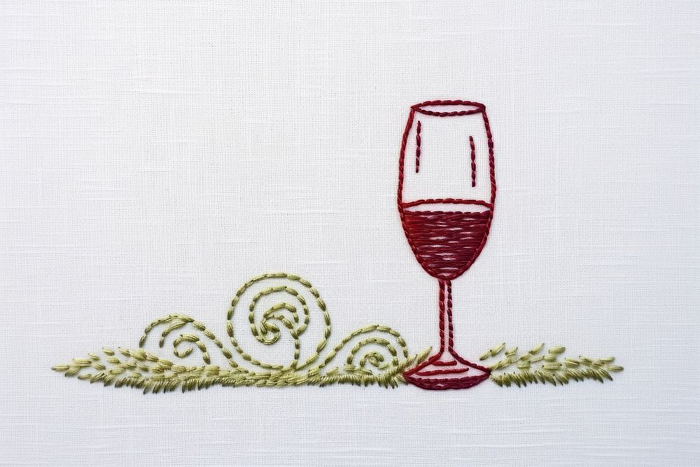 Wine hlass in embroidery style needlework textile pattern.