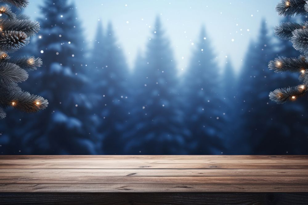  Winter lights are dim at night background wooden table top celebration. AI generated Image by rawpixel.