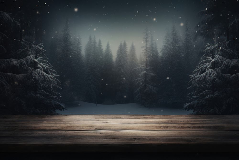  Winter lights are dim at night background wooden table top landscape. AI generated Image by rawpixel.