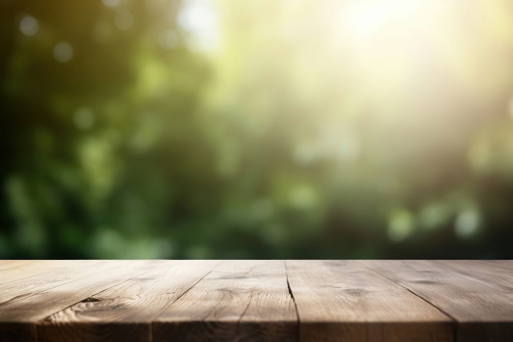  Sunlight bokeh background wooden table top backgrounds landscape. AI generated Image by rawpixel.