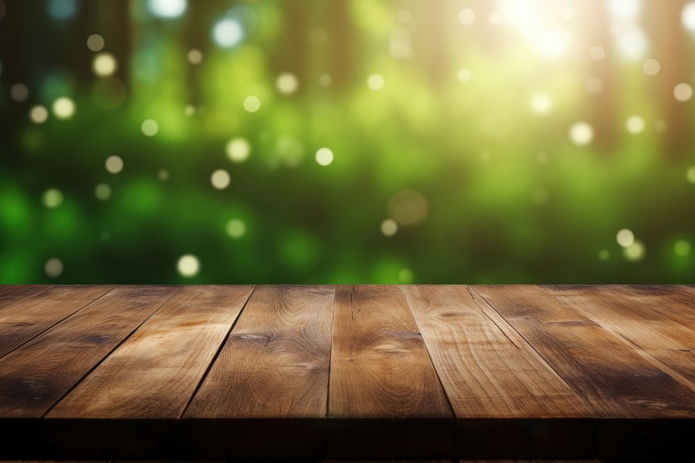 Sunlight bokeh background wooden table top backgrounds outdoors. AI generated Image by rawpixel.