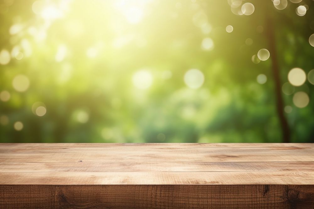  Sunlight bokeh background wooden table top backgrounds outdoors. AI generated Image by rawpixel.