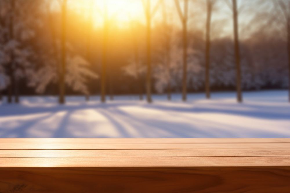  Winter sunlight bokeh background wooden table top landscape. AI generated Image by rawpixel.