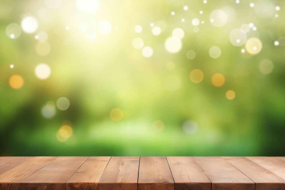  Sunlight bokeh background wooden table top green backgrounds. AI generated Image by rawpixel.